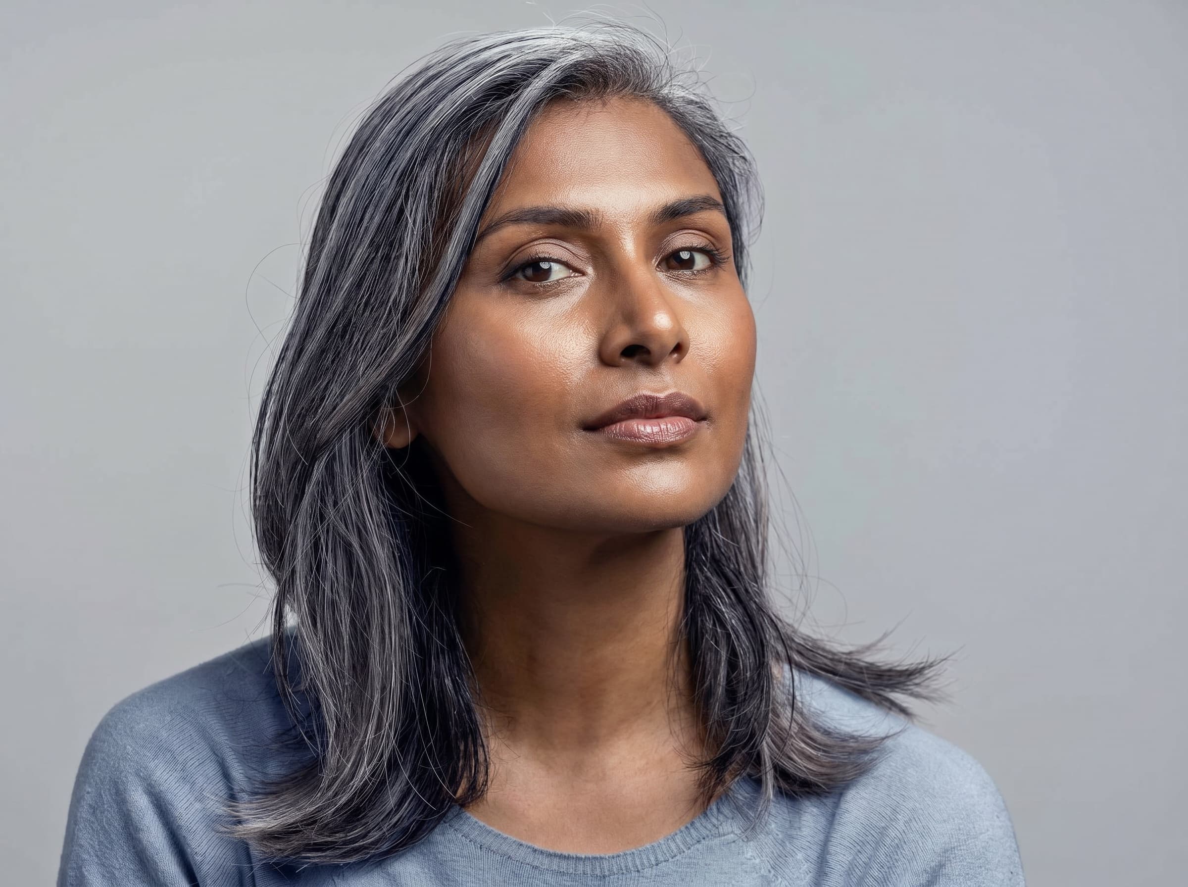 A radiant North Indian woman with natural, healthy skin and softly greying hair